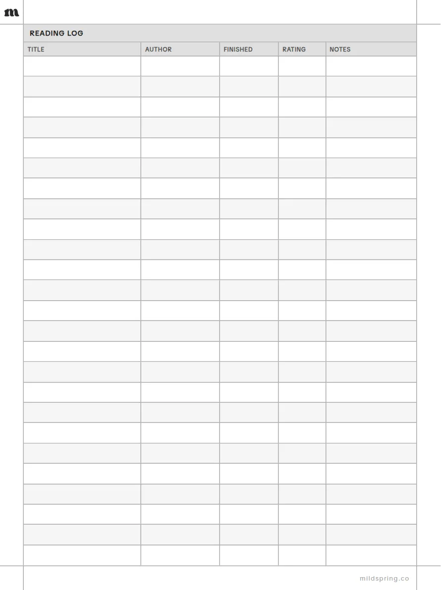 Reading Log template page preview