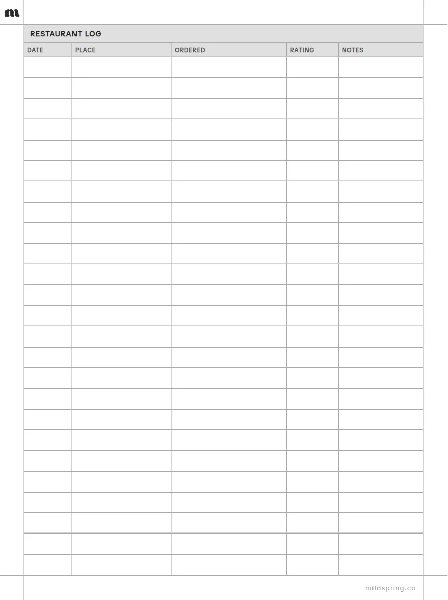Restaurant Log template page preview