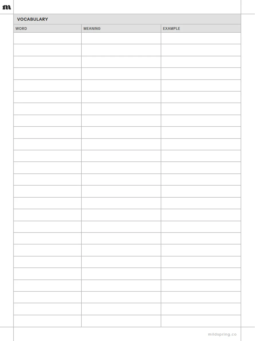 Vocabulary List template page preview
